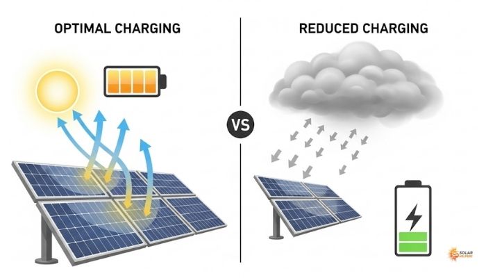 An infographic comparing solar light charging efficiency in direct sunlight versus cloudy weather, showing how overcast skies result in a partial charge