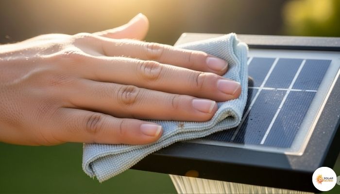 A person performing solar panel maintenance by cleaning the photovoltaic cell to improve charging efficiency and ensure bright, long-lasting light.
