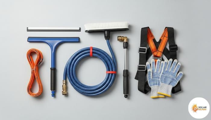 An organized layout of essential solar panel cleaning equipment, including a water-fed pole, brush, and safety harness. 
