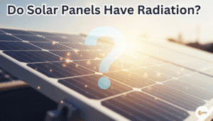 Do Solar Panels Have Radiation A conceptual image for a blog post, featuring a solar panel at the forefront. The solar panel has a subtle, warm, and harmless golden glow emanating from its surface, with a stylized question mark superimposed over it.
